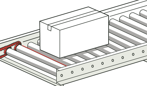 [Image] Conveyor showing chain and a box sitting on the rollers