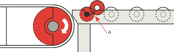 [Image] Side view of conveyor with pop out roller, and close up side view of roller with arrow indicating movement in a clockwise direction