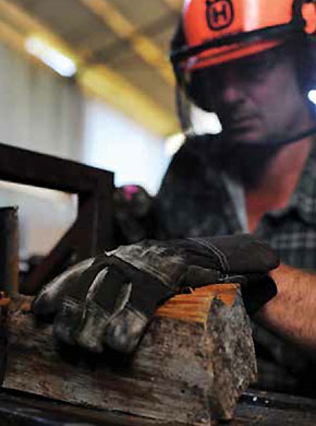 [Image] Farmer stripping wood, wearing a safety helmet, glasses, ear muffs and gloves. 