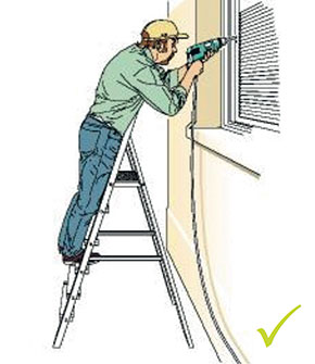 [image] A worker uses a ladder incorrectly, with steps side on to work activity